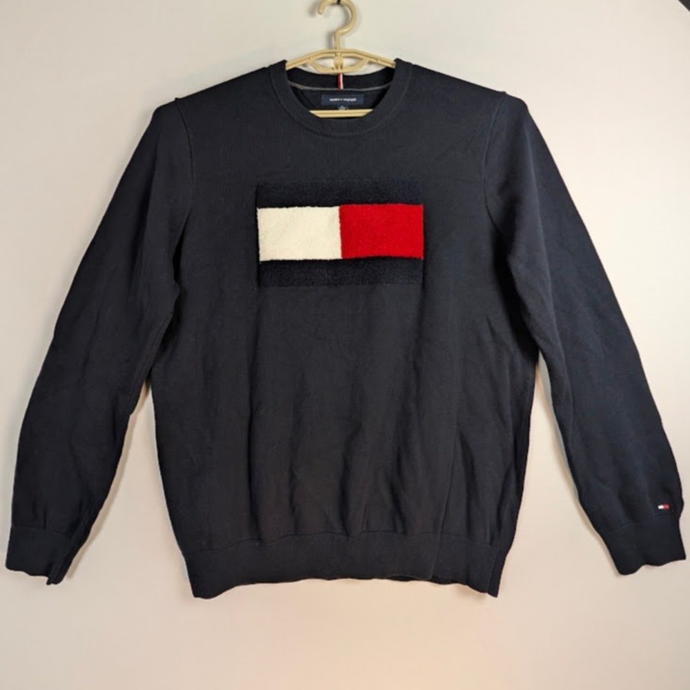 Tommy Hilfiger Sweater Mens XL‎ Navy Blue Tufted Chenille Flag Logo Soft Cotton
